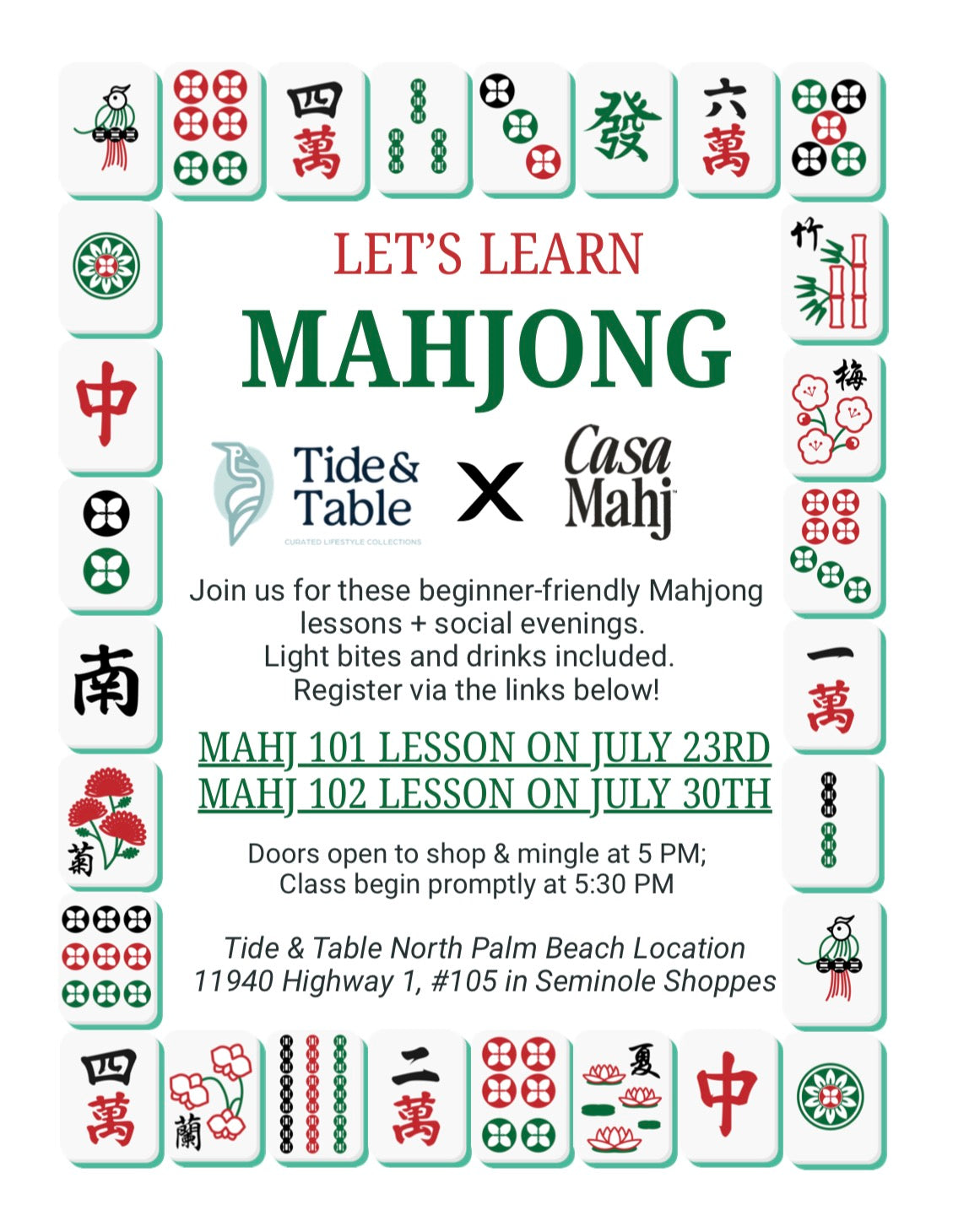 Casa Mahj 101 Lesson at Tide & Table - July 23rd