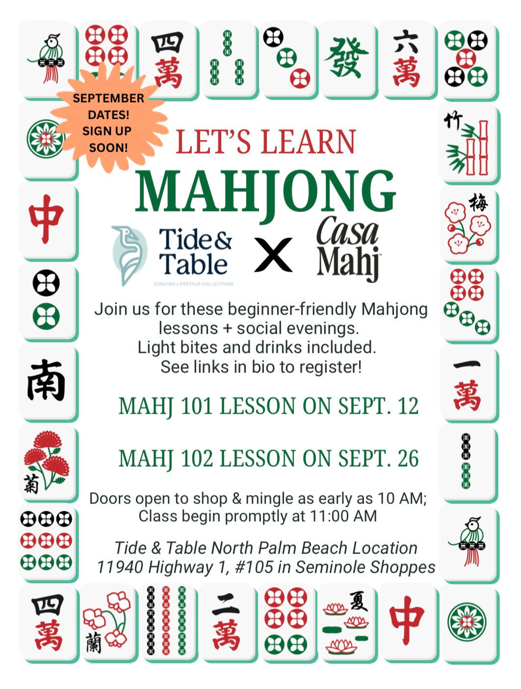 Casa Mahj 101 Lesson at Tide & Table - September 12th
