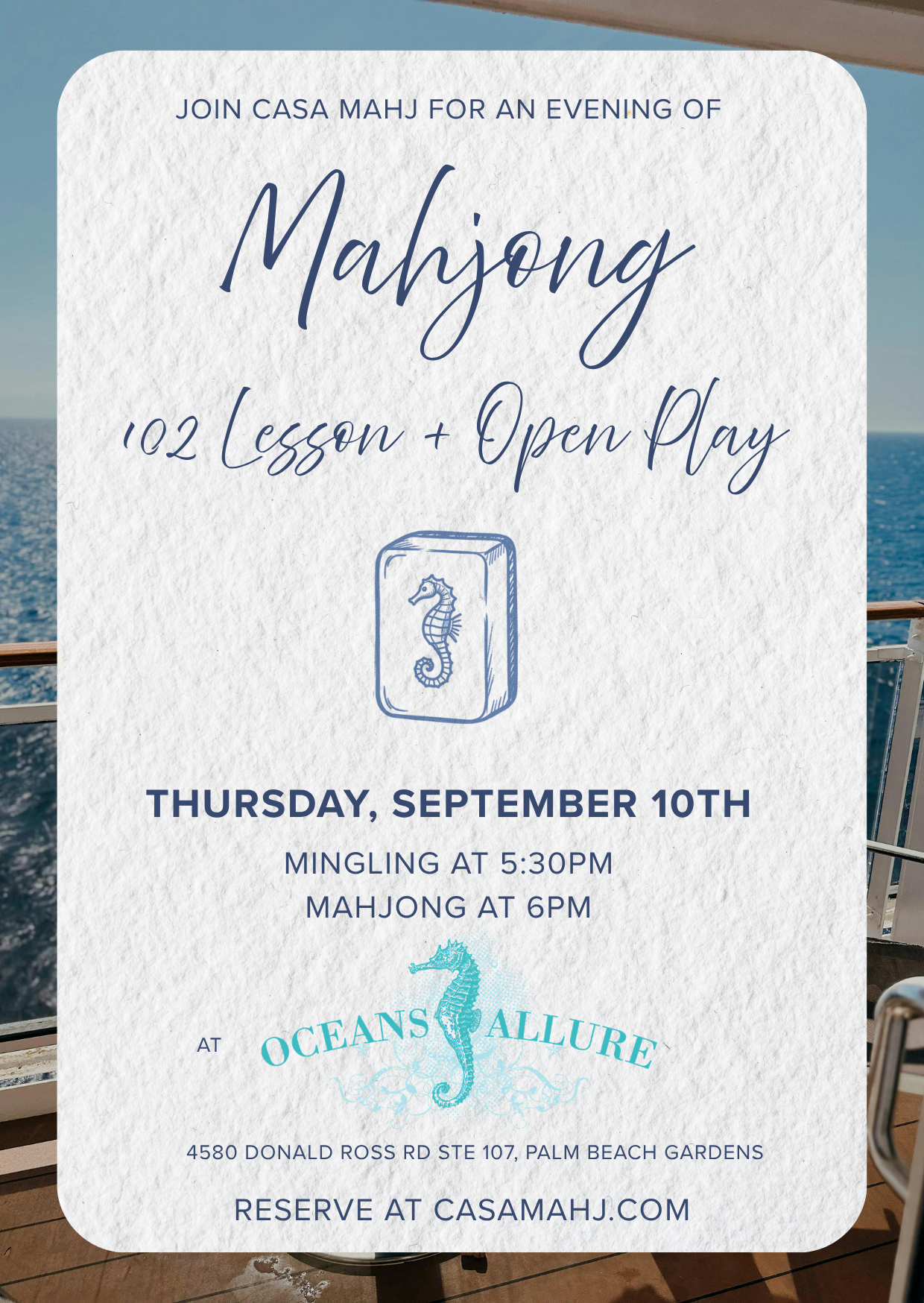 Casa Mahj 102 Lesson at Oceans' Allure - September 10th